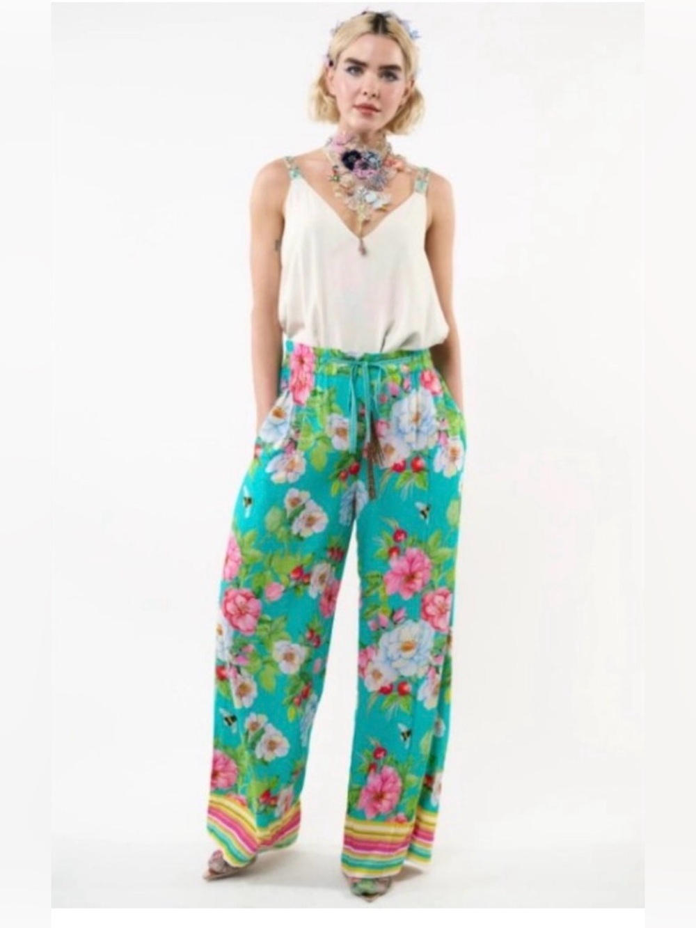 Aratta La Ville Rose Floral & Bee Wide-Leg Drawstring Pants -Size M
